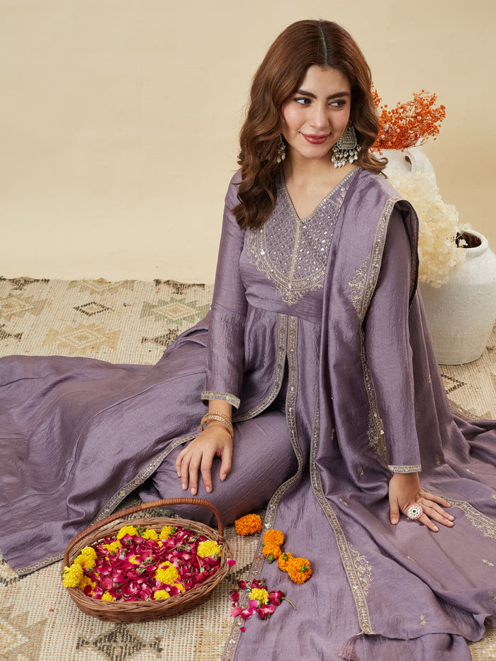 Lavender Embroidered Kurta Palazzo Set with Dupatta