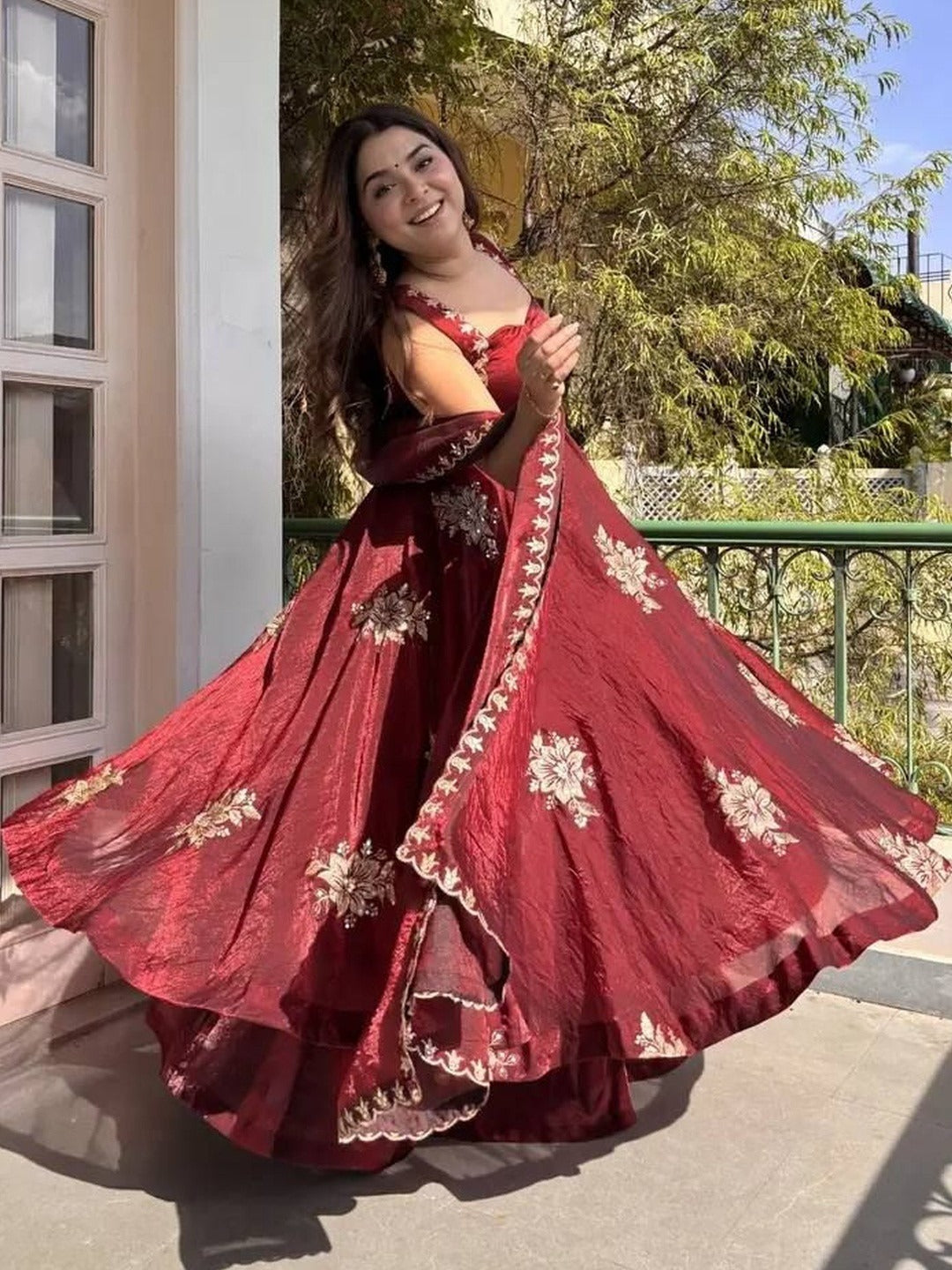 Maroon Floral Embroidered Anarkali Suit Set with Dupatta