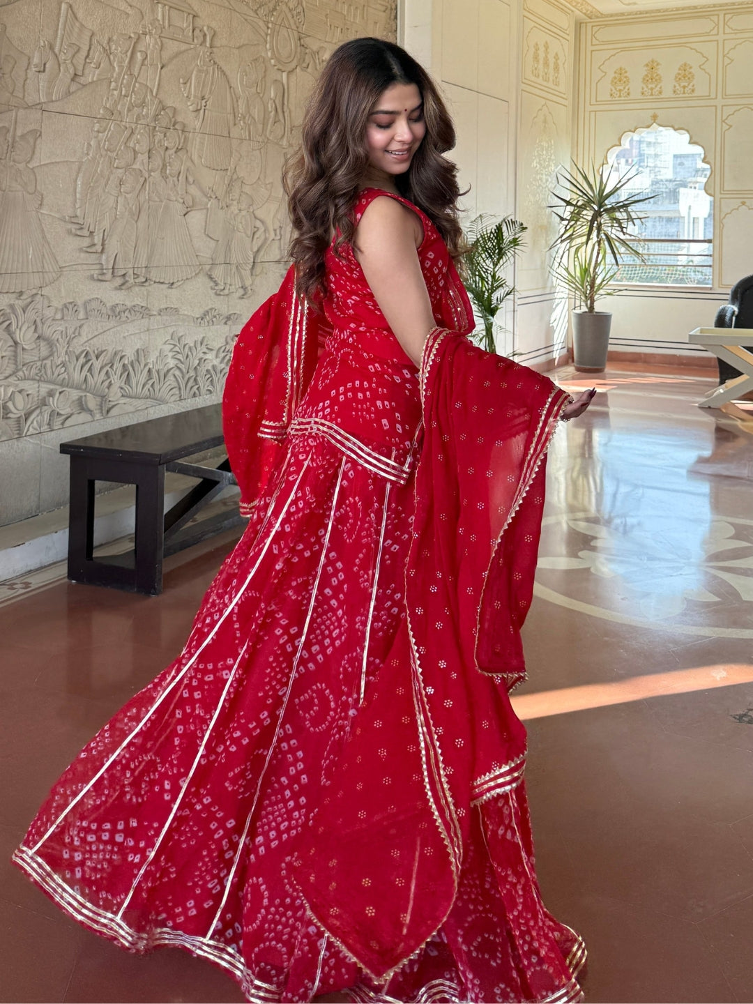 Women's Red Bandhani Printed Sharara Set with Dupatta