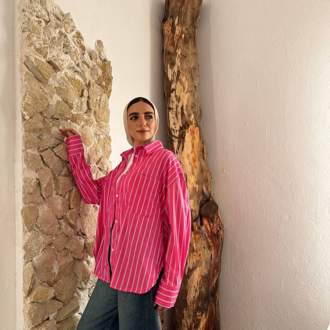 Oversize Striped Basic Shirt Pink