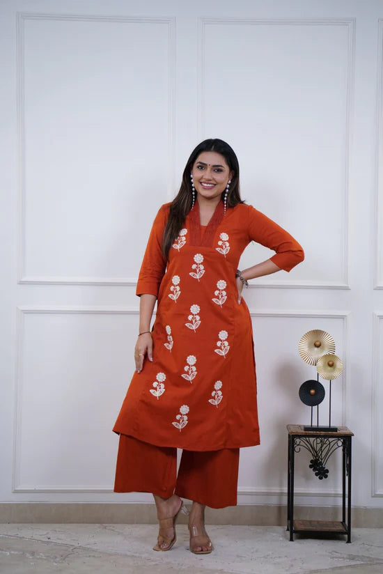Floral Embroidered Straight Kurta Set with Palazzo Pants