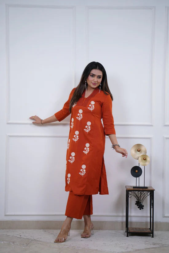 Floral Embroidered Straight Kurta Set with Palazzo Pants