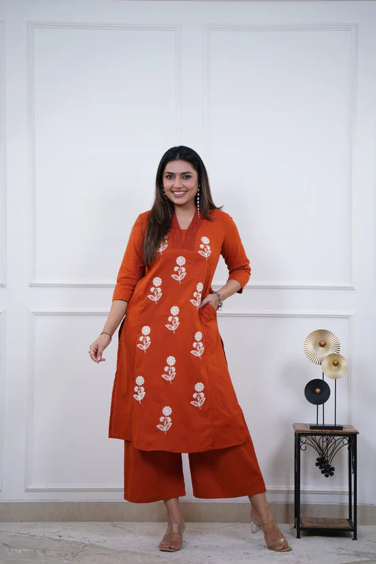 Floral Embroidered Straight Kurta Set with Palazzo Pants