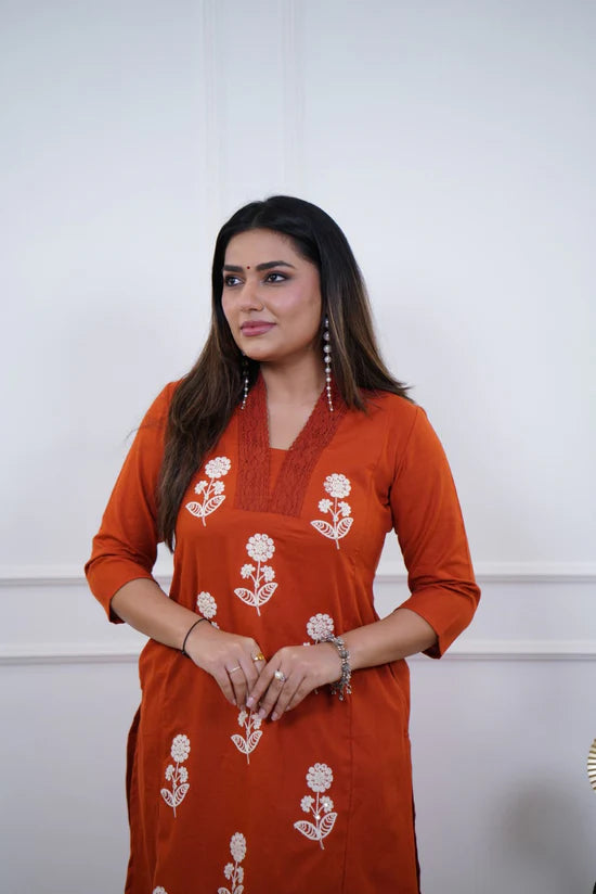 Floral Embroidered Straight Kurta Set with Palazzo Pants