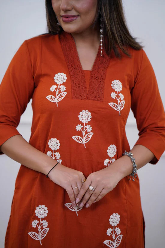 Floral Embroidered Straight Kurta Set with Palazzo Pants