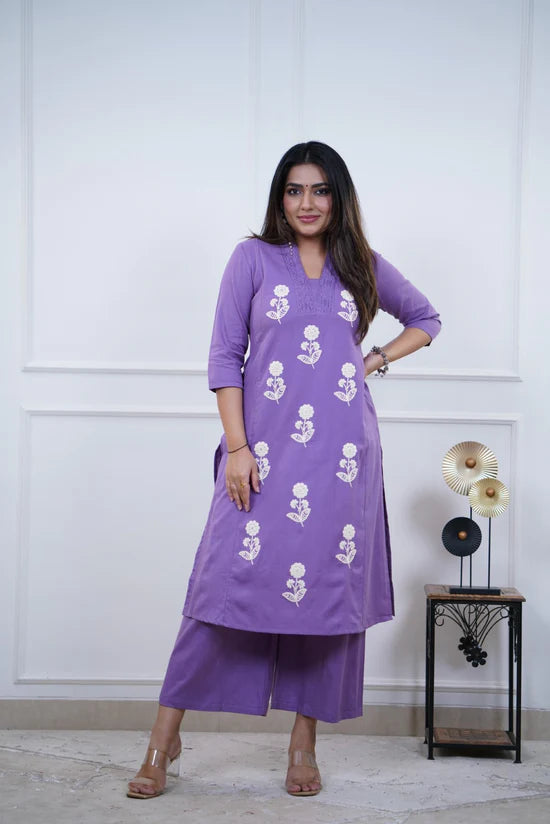 Floral Embroidered Straight Kurta Set with Palazzo Pants