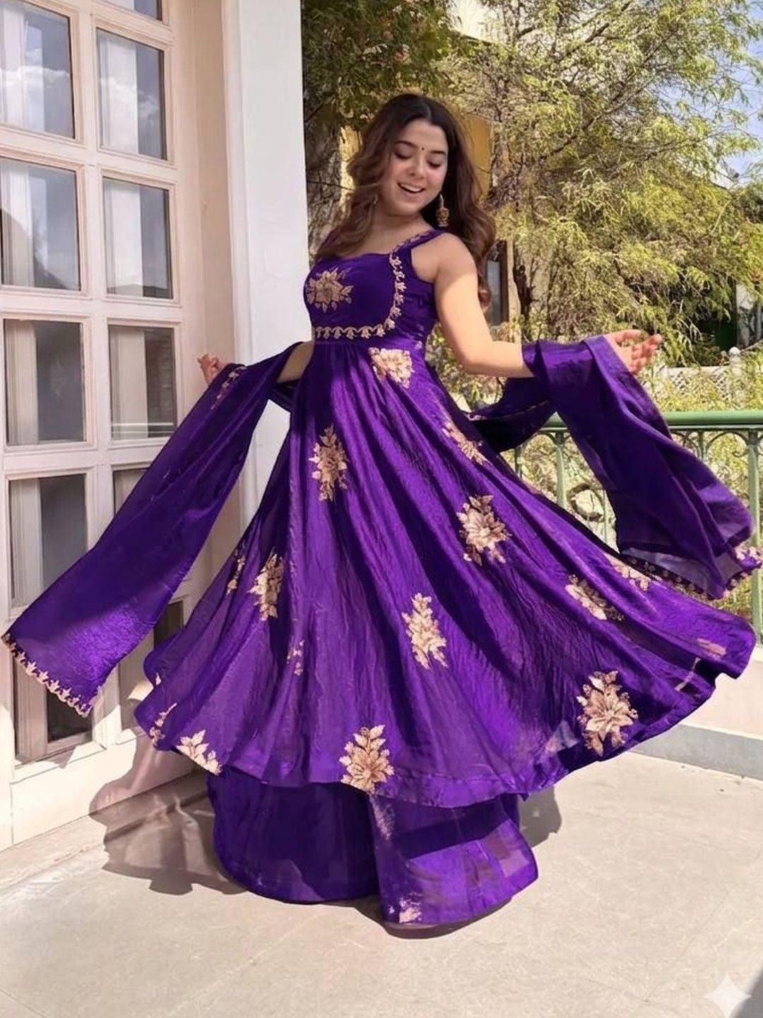 Purple Floral Embroidered Anarkali Suit Set with Dupatta