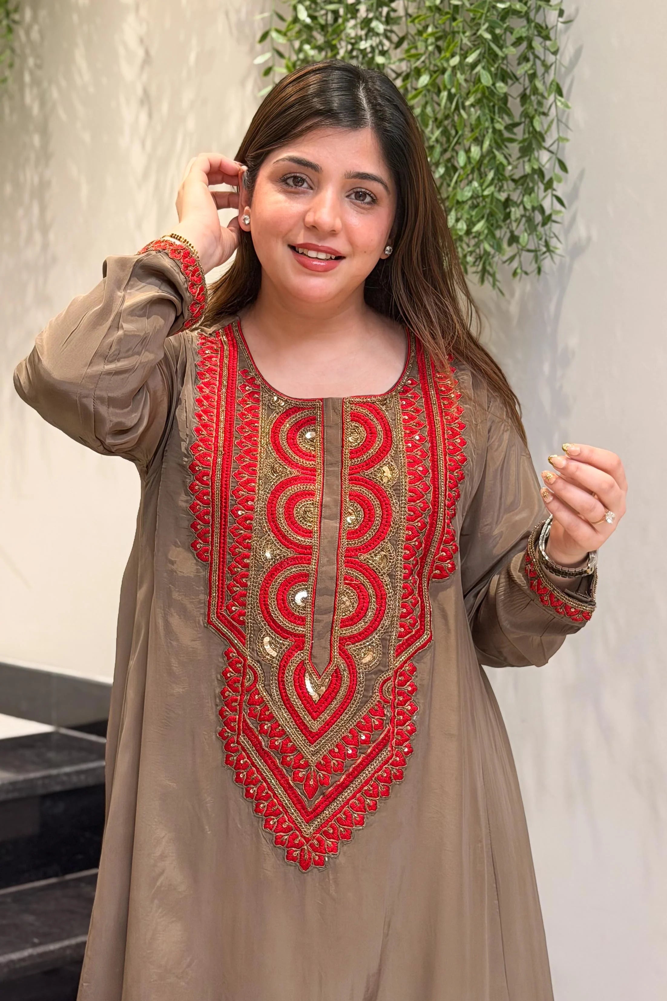 Coffee Brown Embroidered Kurta Set for Women