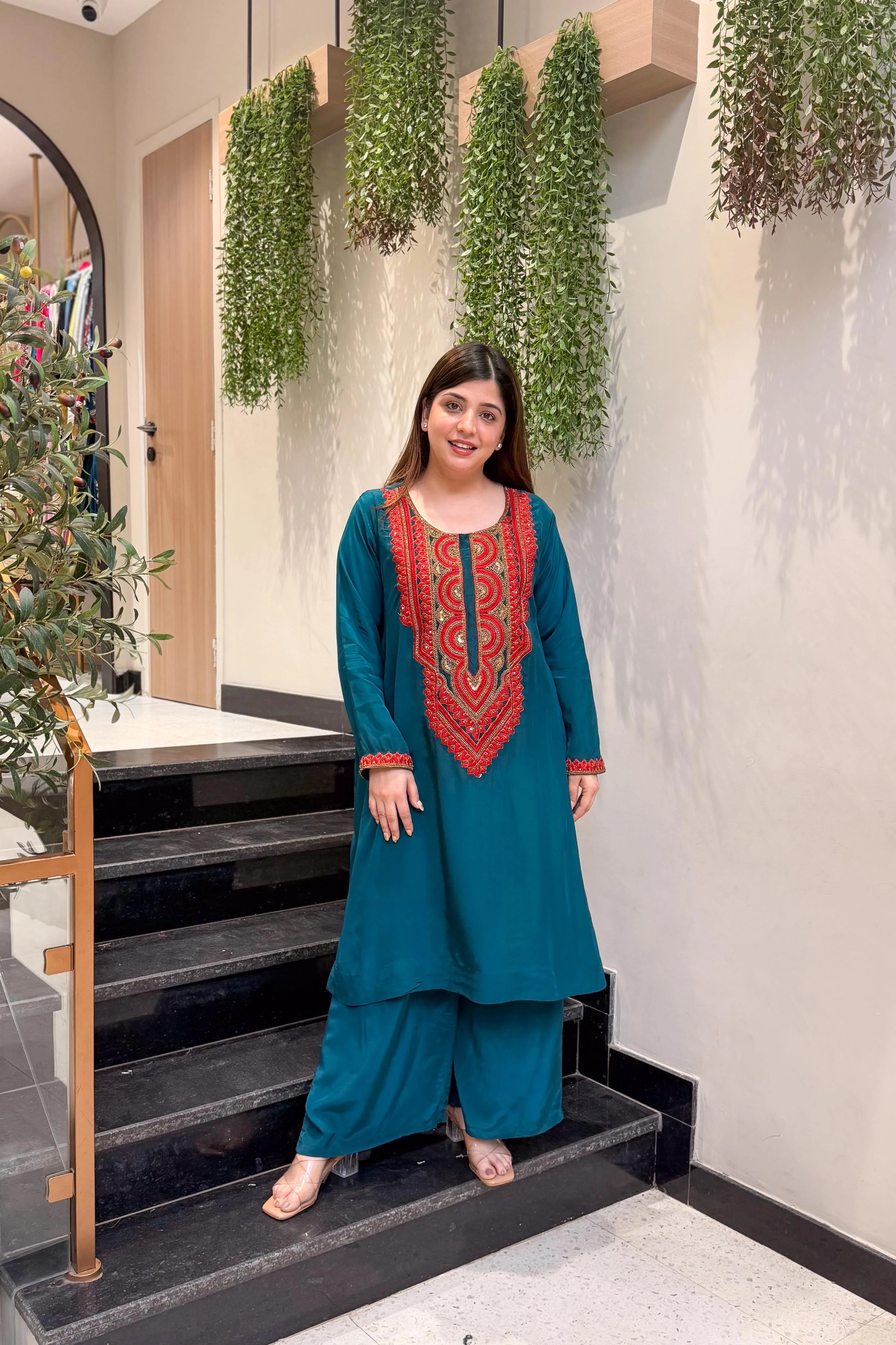 Teal Blue Embroidered Kurta Palazzo Set for Women