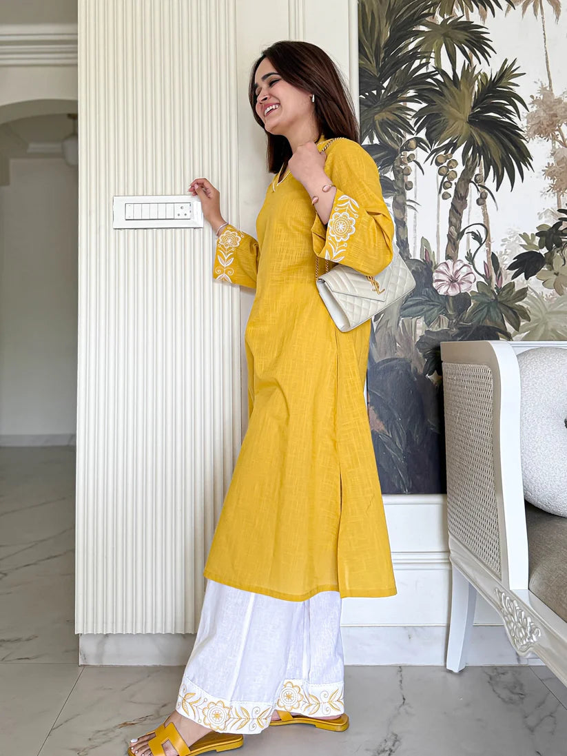 Mustard Yellow Cotton Kurta with White Embroidered Palazzo Set