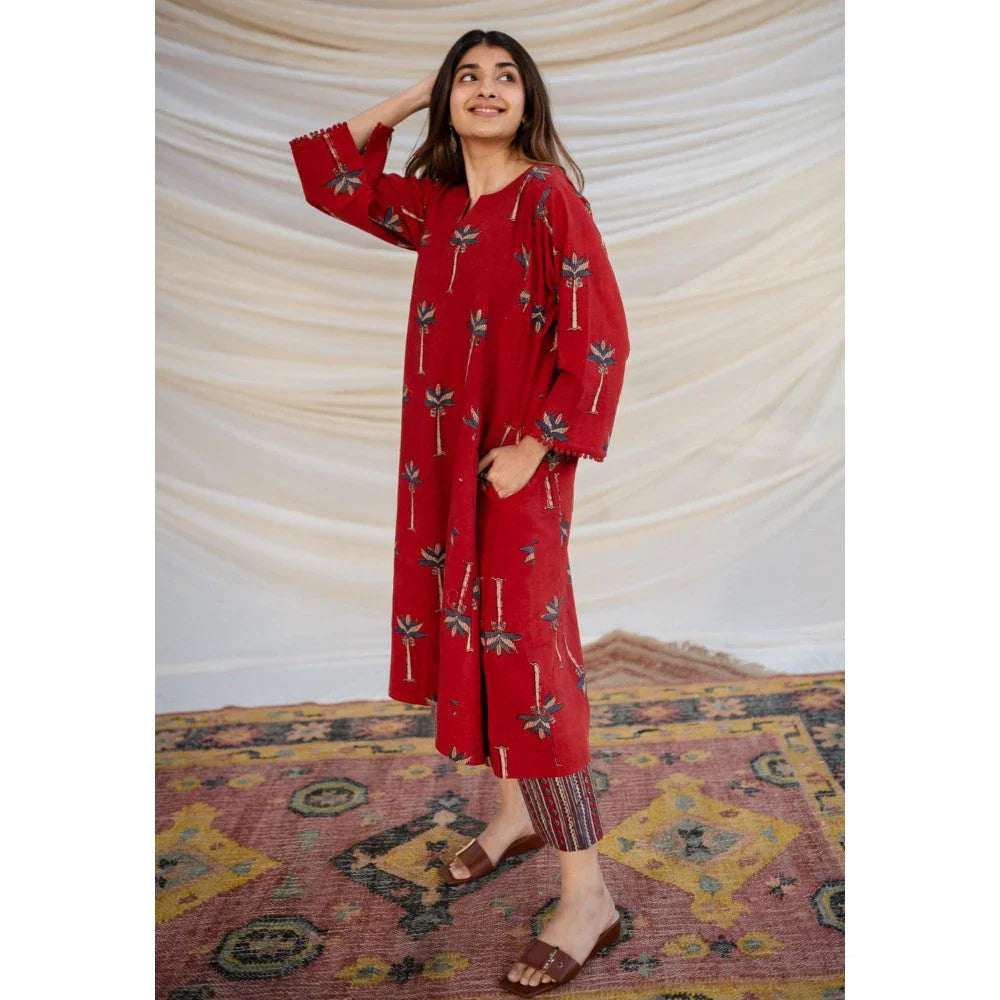 Red Ajrakh Cotton Jhabba Kali Co-ord