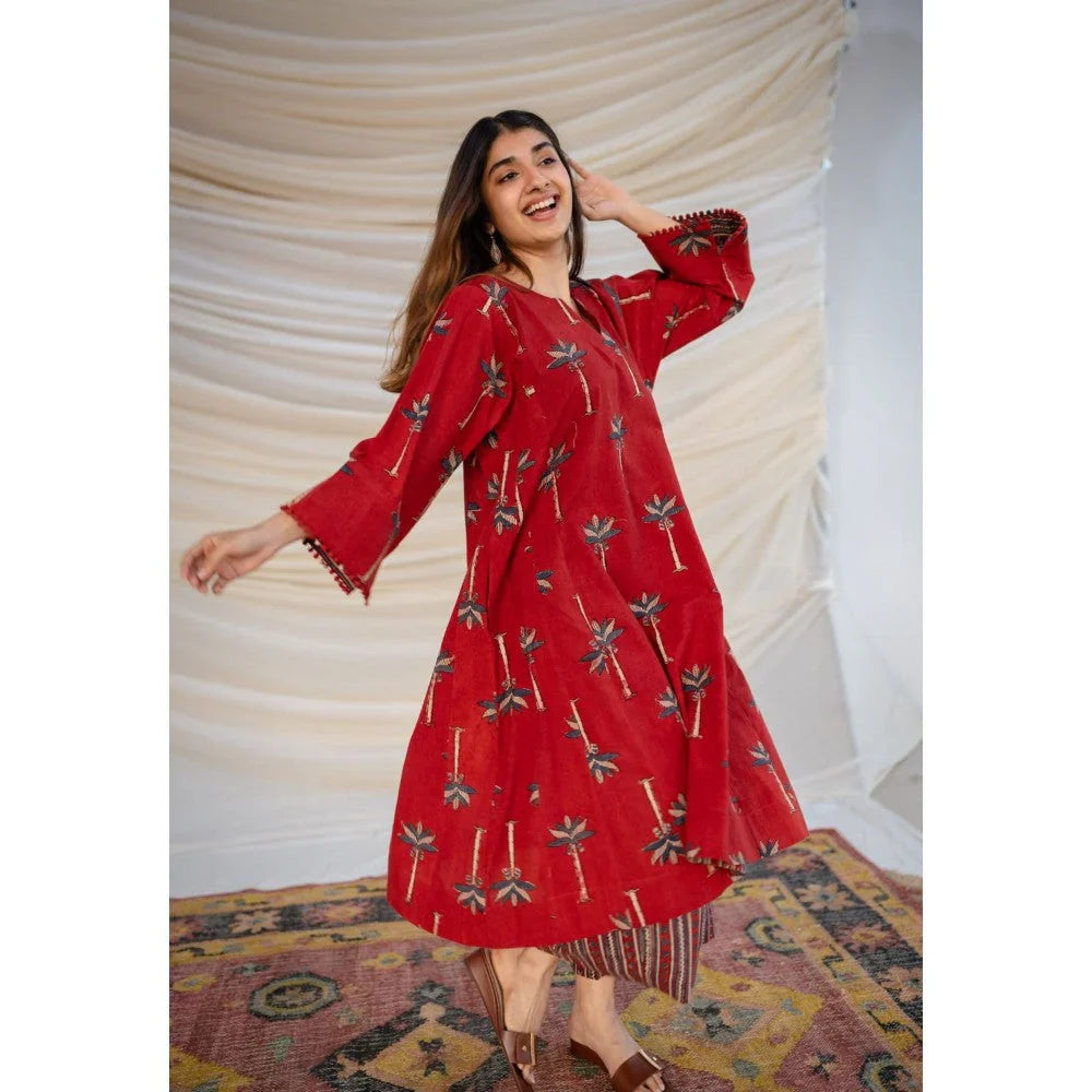 Red Ajrakh Cotton Jhabba Kali Co-ord