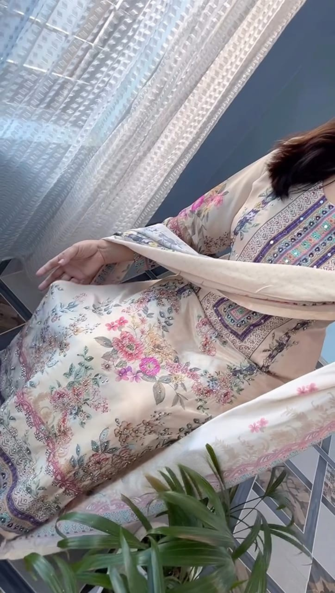 Luxury Pastel Cream Floral Printed Muslin Suit Set with Designer Dupatta