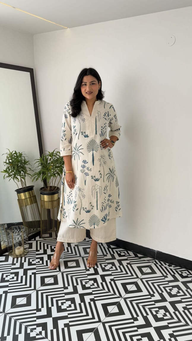 Printed white Kurta palazzo set