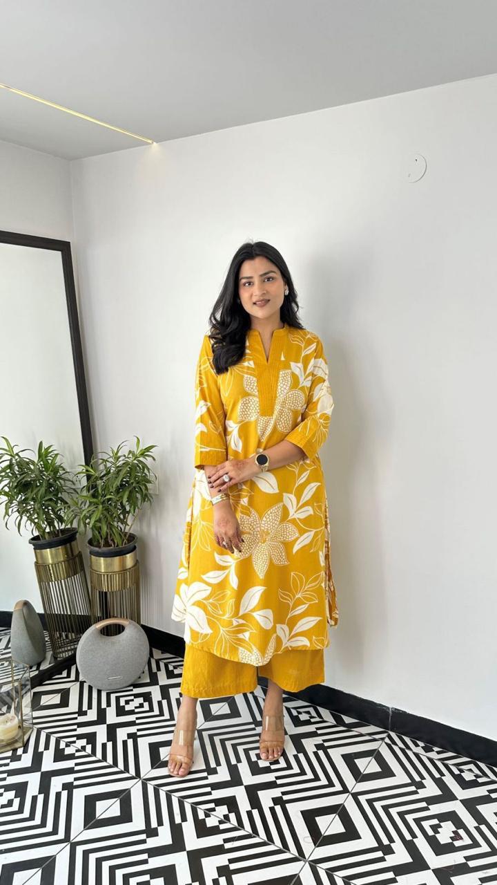 Yellow Floral Print Kurta with Palazzo