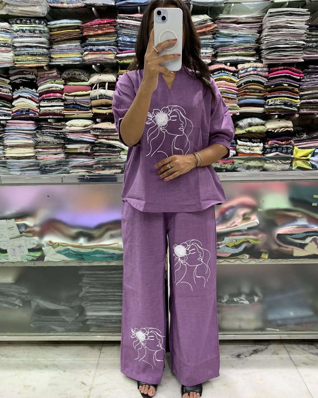 Art Line Face Print Cotton Co-Ord Set for Women