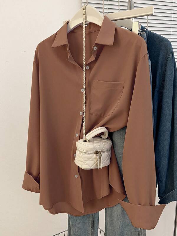 Women's Simple Solid Color Daily Wear Buttoned Shirt,Long Sleeve Tops