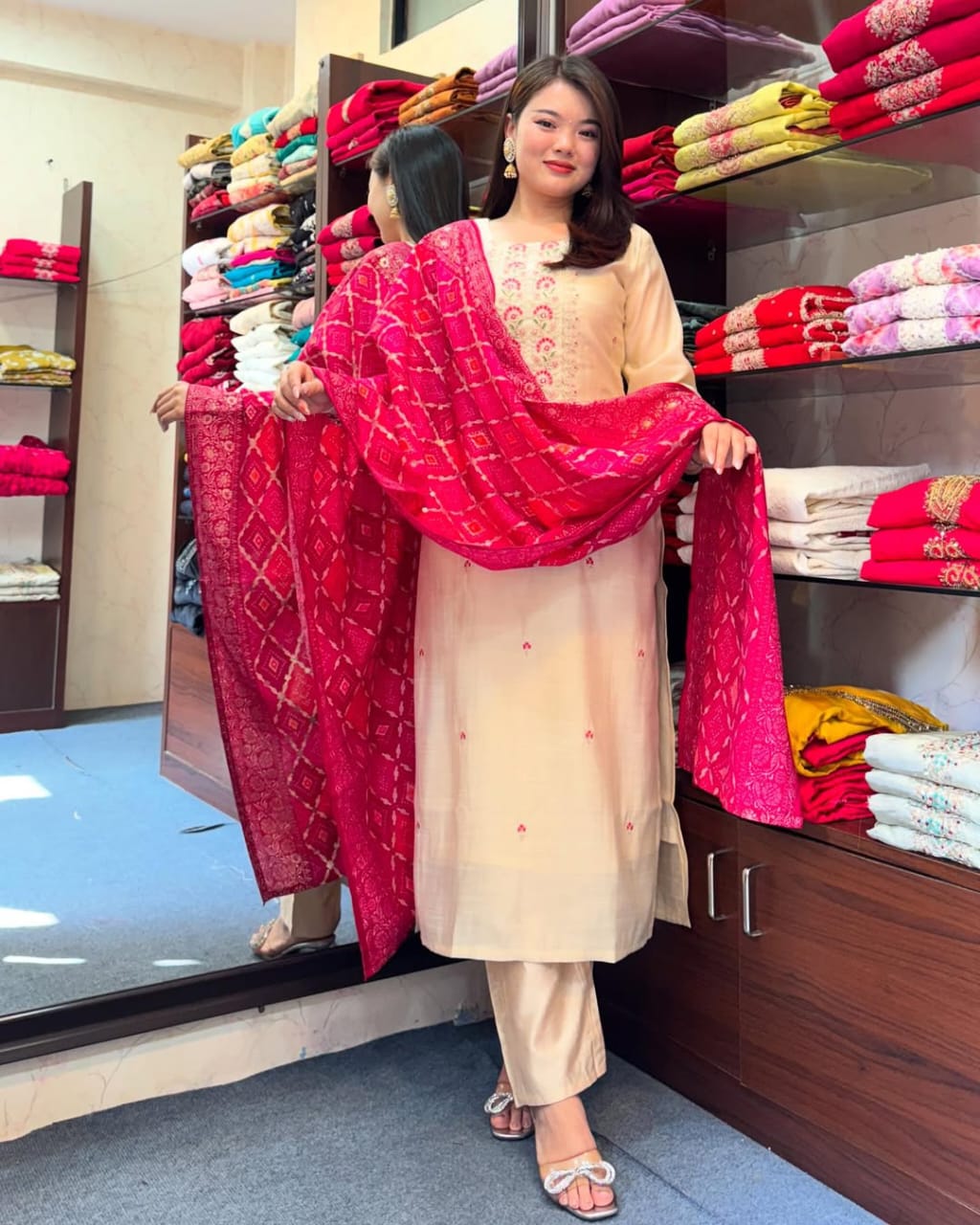 Elegant Cream Kurta Set with Red Bandhej Dupatta