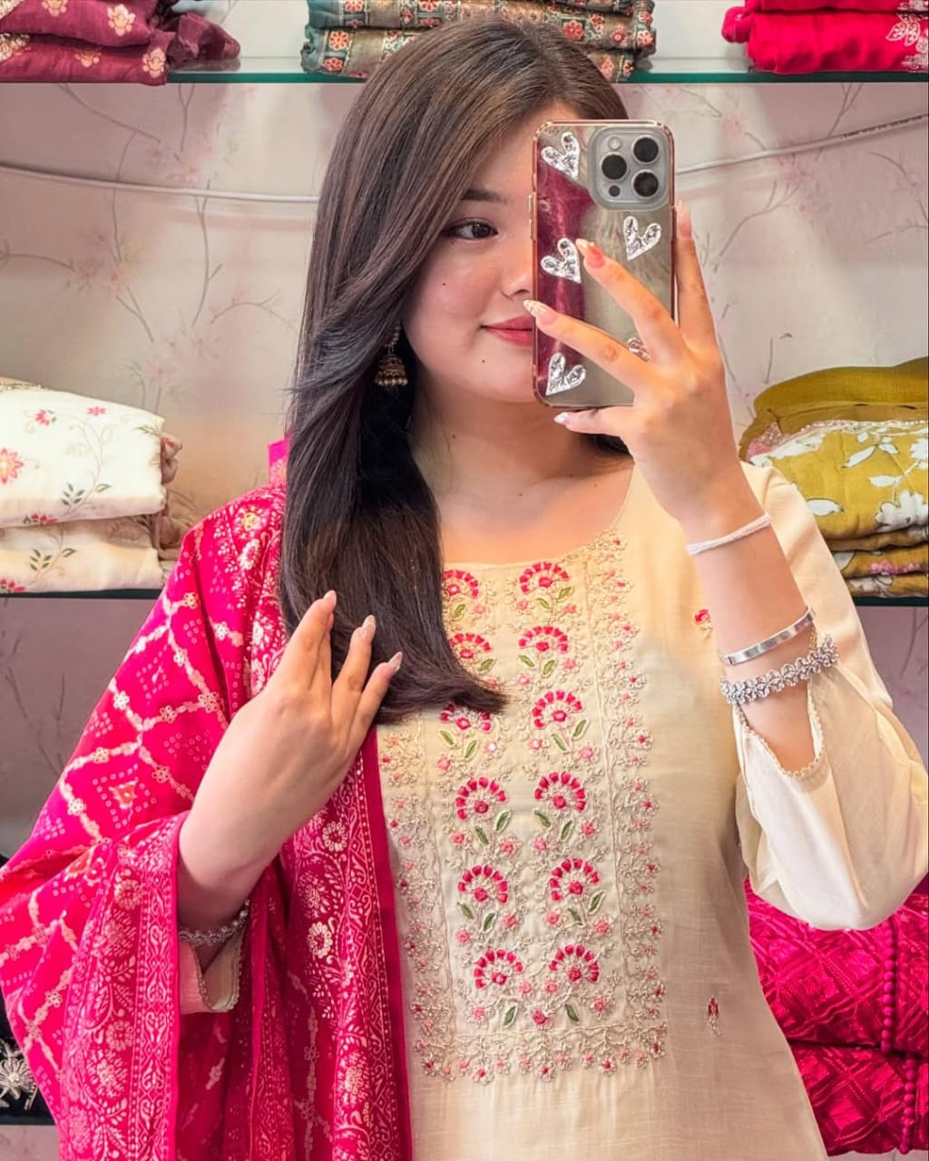 Elegant Cream Kurta Set with Red Bandhej Dupatta