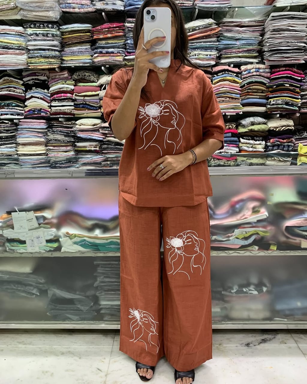 Art Line Face Print Cotton Co-Ord Set for Women