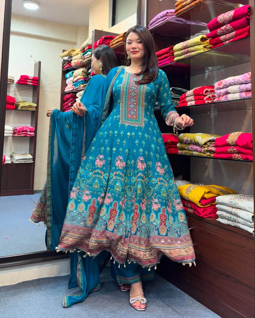 Teal Blue Floral Printed Anarkali Suit with Dupatta