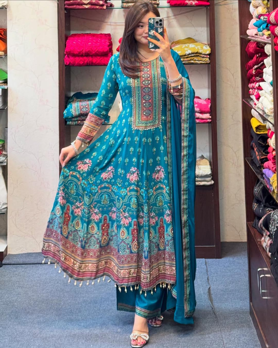 Teal Blue Floral Printed Anarkali Suit with Dupatta