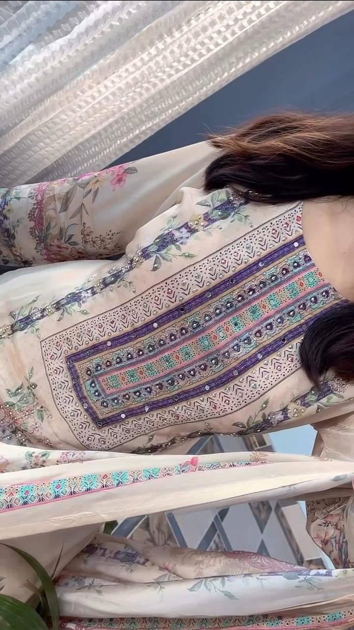 Luxury Pastel Cream Floral Printed Muslin Suit Set with Designer Dupatta