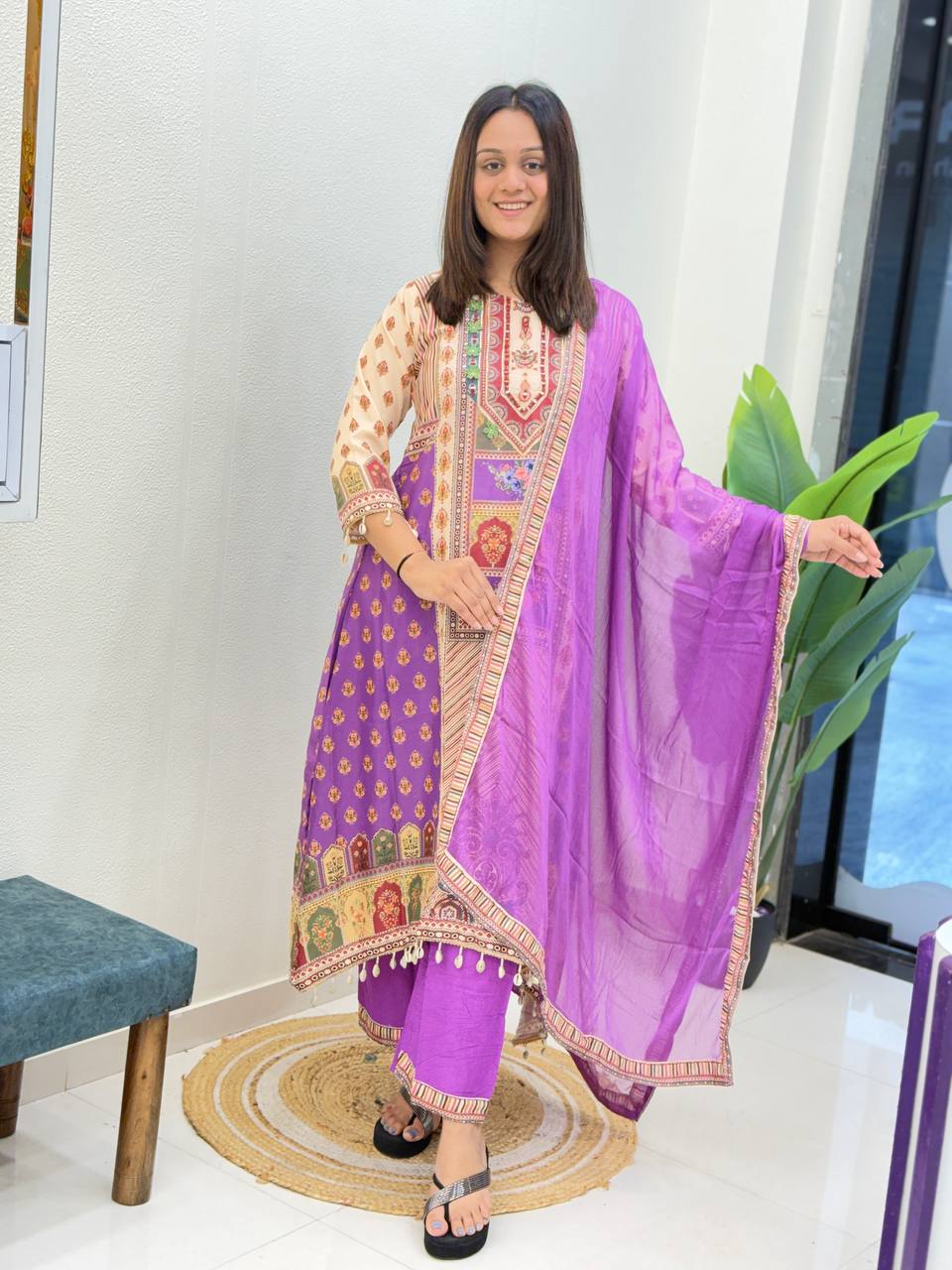 Purple Printed Cotton Suit Set with Embroidered Yoke & Matching Dupatta