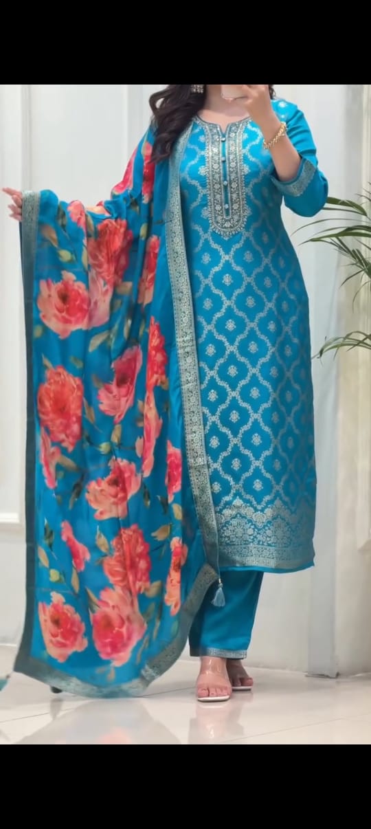 Turquoise Blue Jacquard Suit Set with Floral Digital Print Dupatta