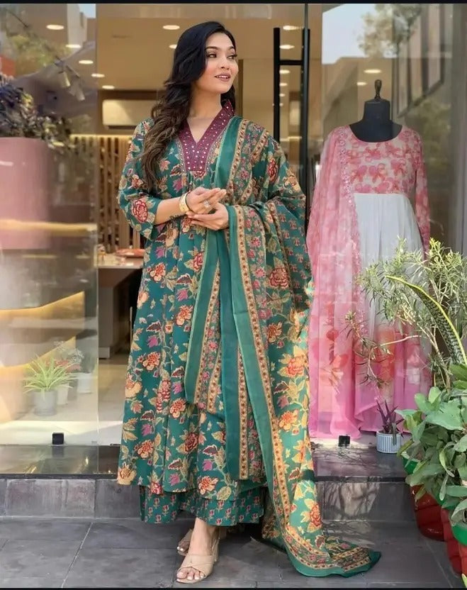 Women's Printed Cotton Anarkali Kurta & Pant With Dupatta Set