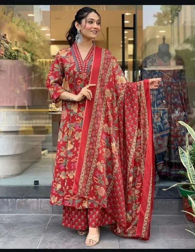 Women's Printed Cotton Anarkali Kurta & Pant With Dupatta Set