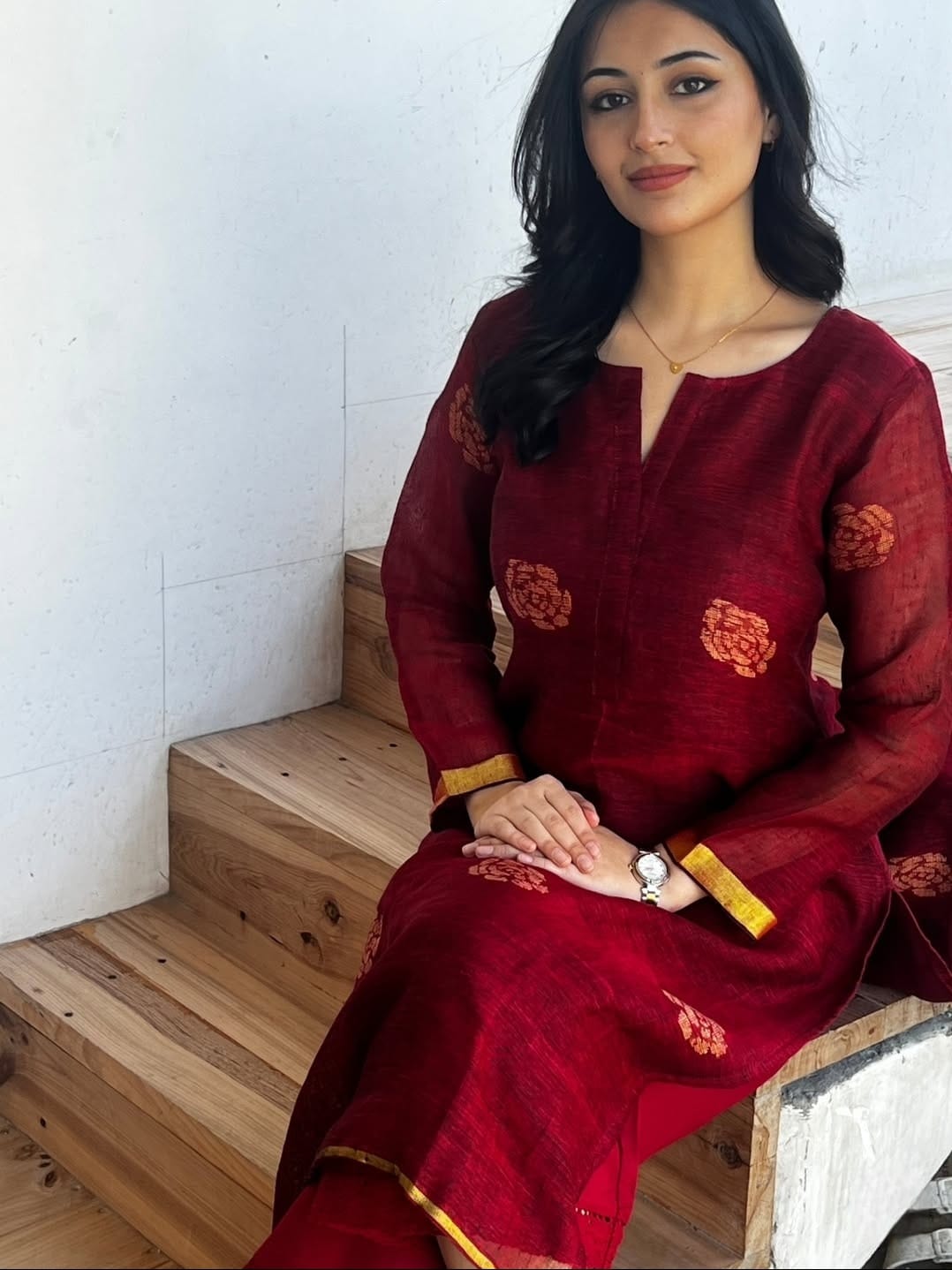 Maroon Kurta Set with Handwoven Border Dupatta