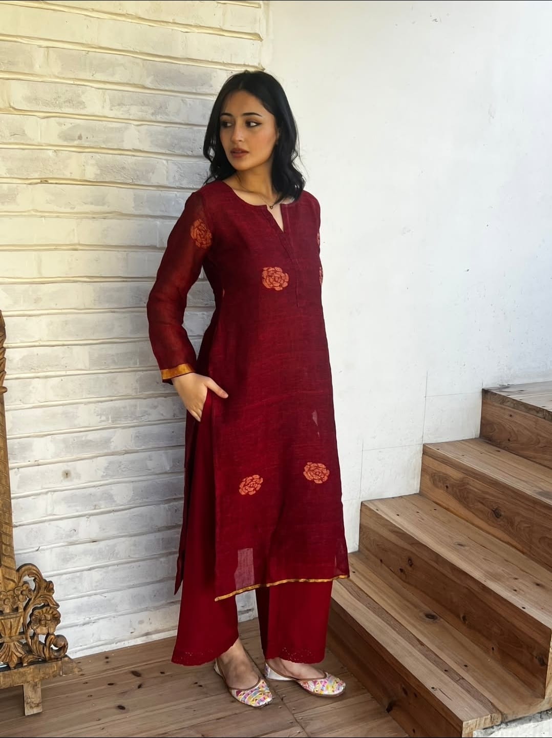 Maroon Kurta Set with Handwoven Border kurta set