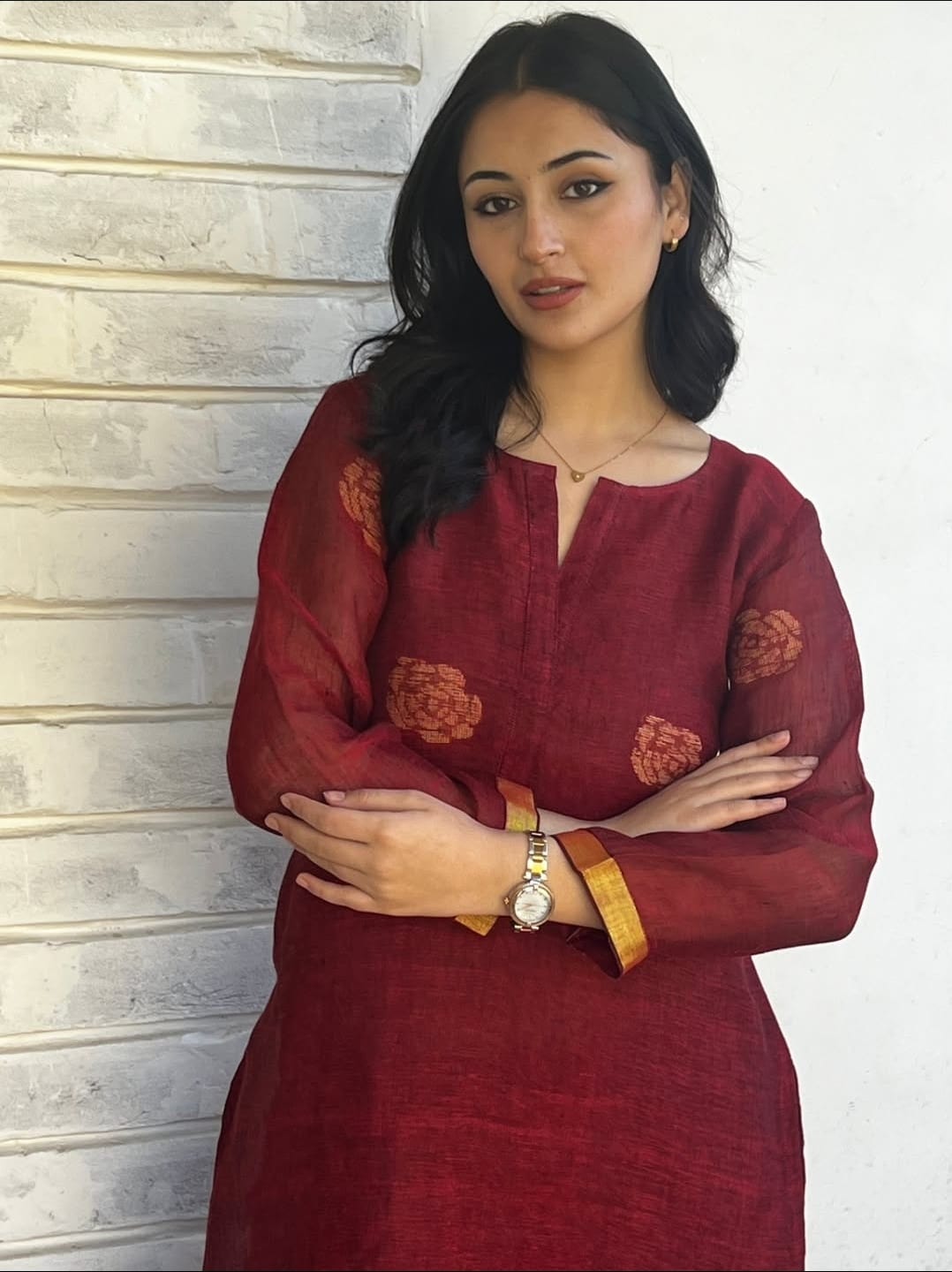 Maroon Kurta Set with Handwoven Border Dupatta