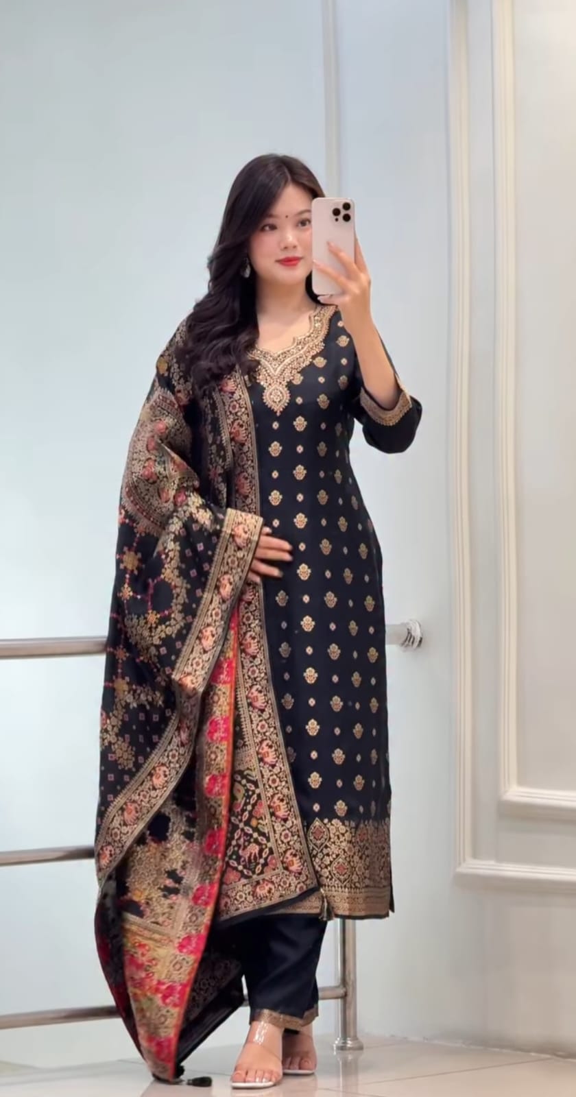 Black Silk Blend Embroidered Kurta Pant Set with Dupatta for Women
