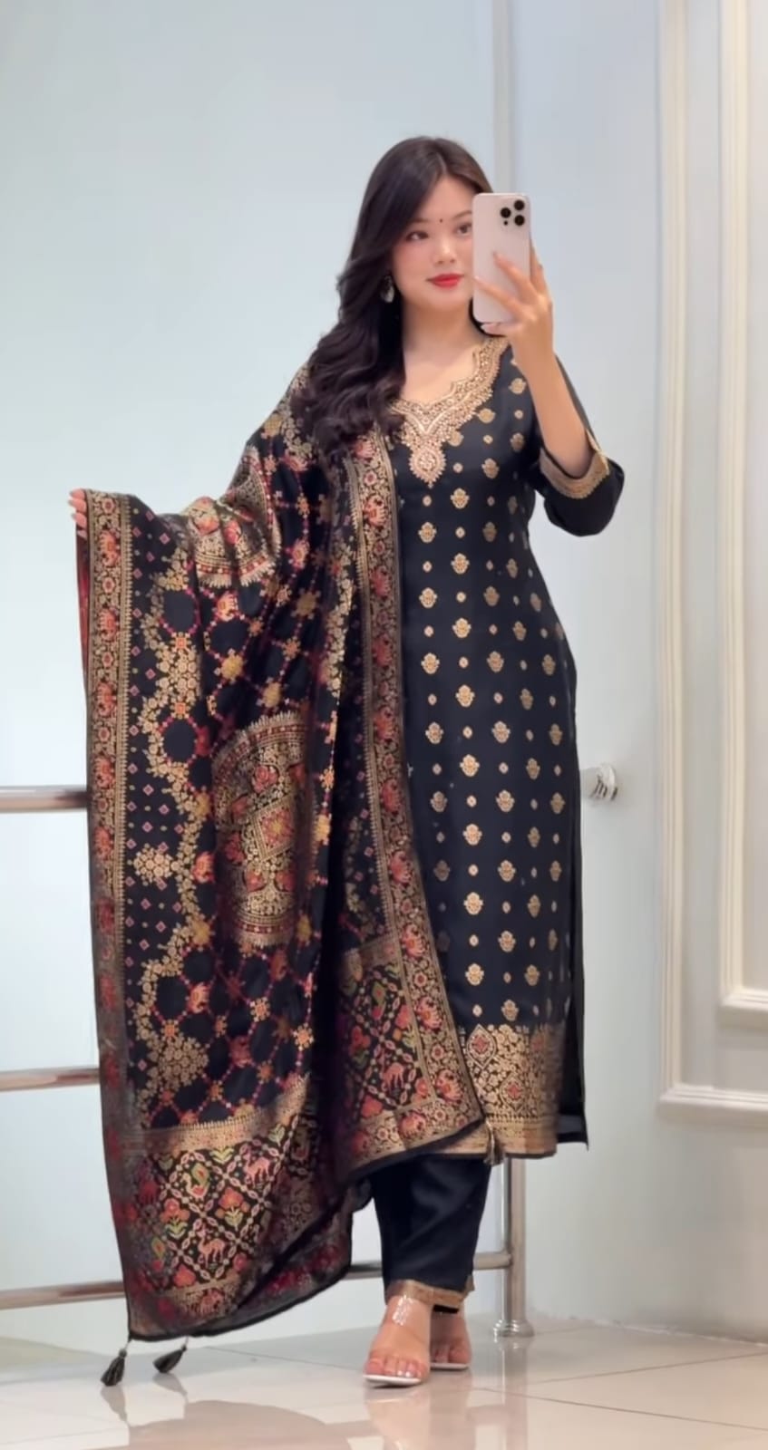 Black Silk Blend Embroidered Kurta Pant Set with Dupatta for Women