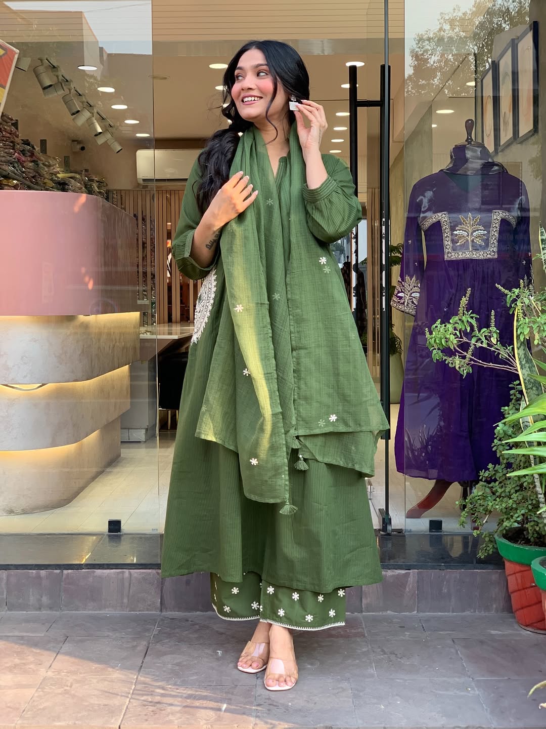 Olive Green Cotton Kurta Set with Embroidered Dupatta & Printed Pants for Women