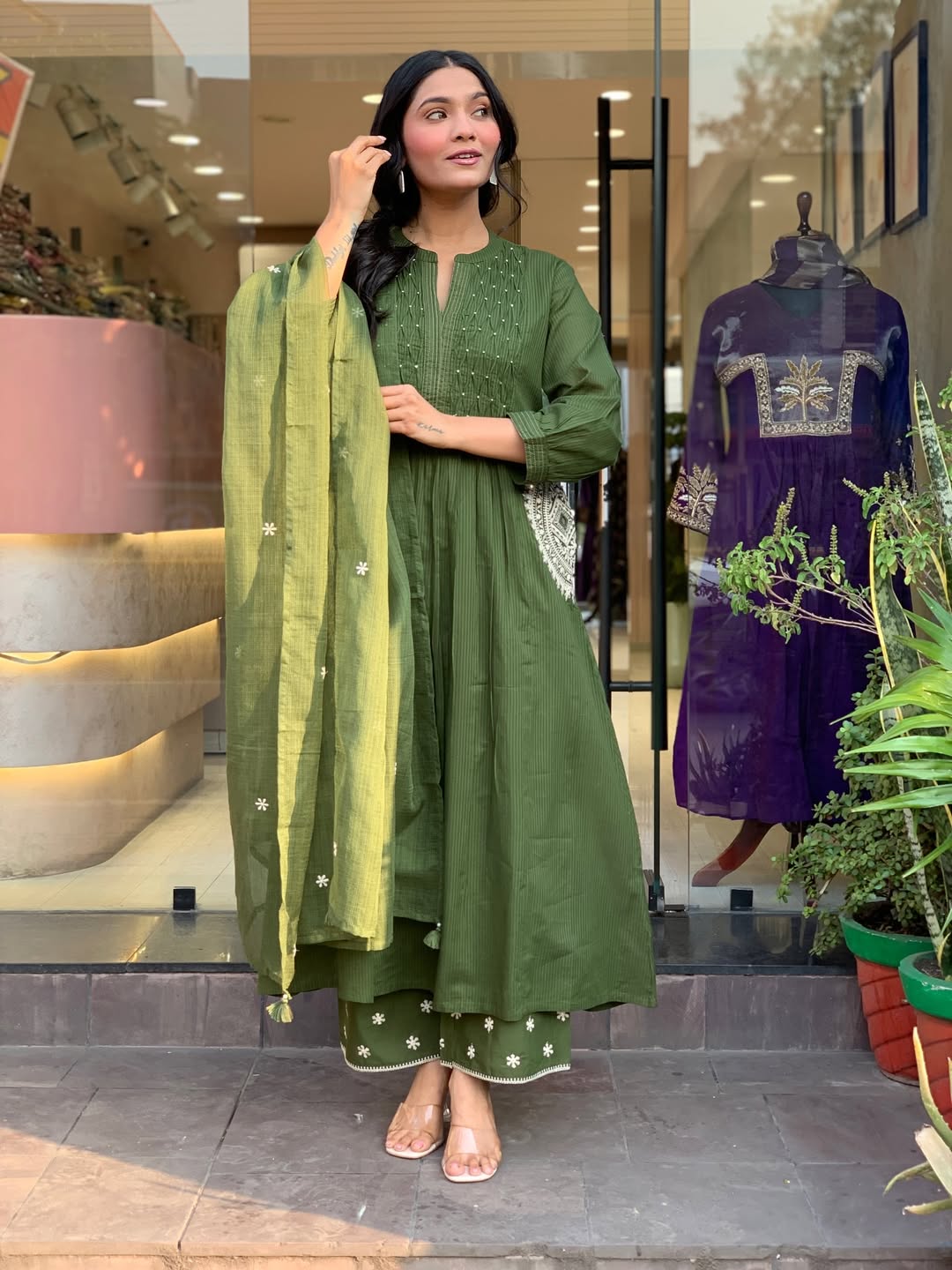 Olive Green Cotton Kurta Set with Embroidered Dupatta & Printed Pants for Women