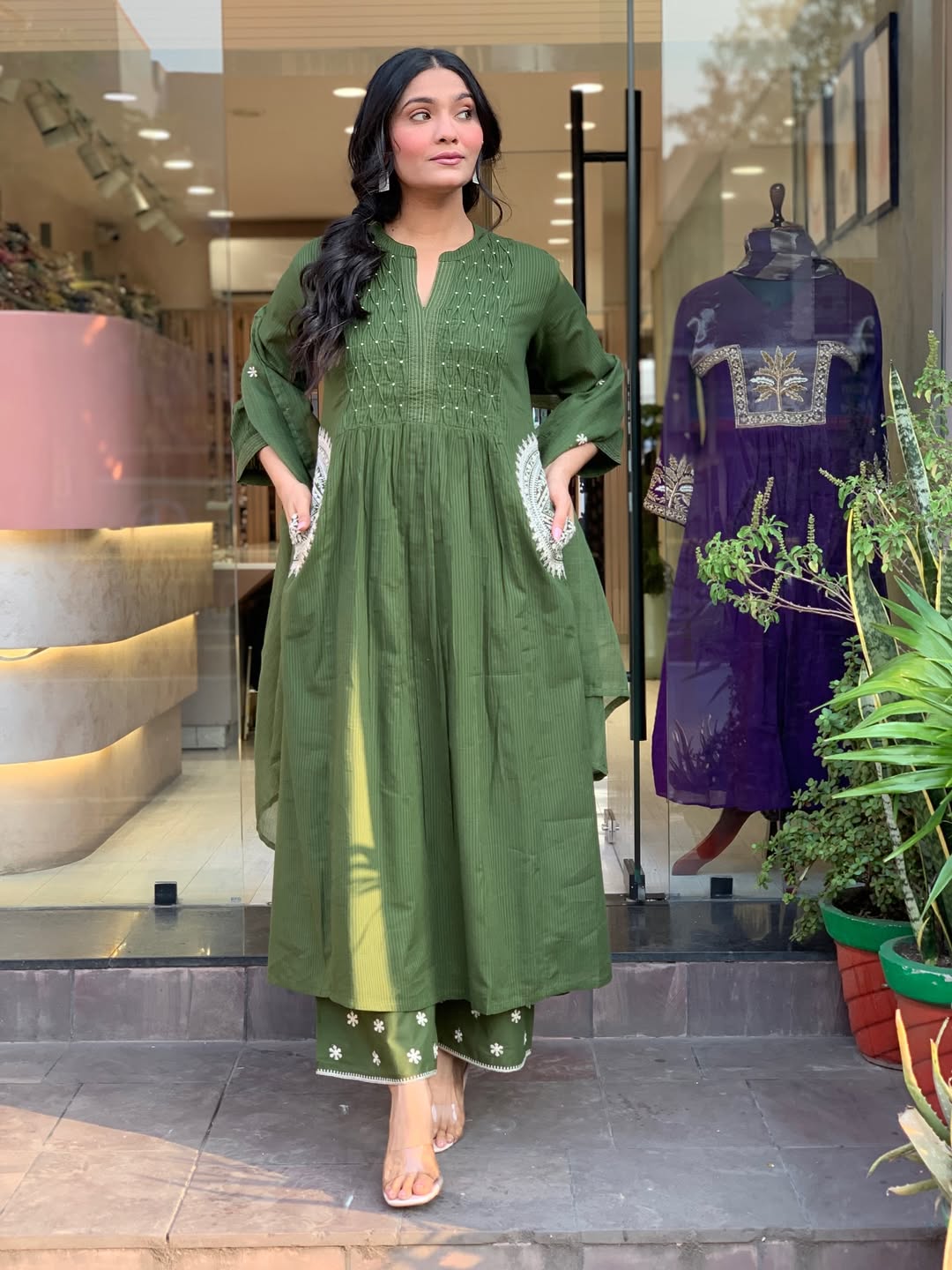 Olive Green Cotton Kurta Set with Embroidered Dupatta & Printed Pants for Women