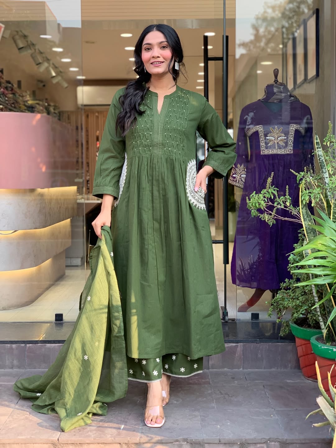 Olive Green Cotton Kurta Set with Embroidered Dupatta & Printed Pants for Women