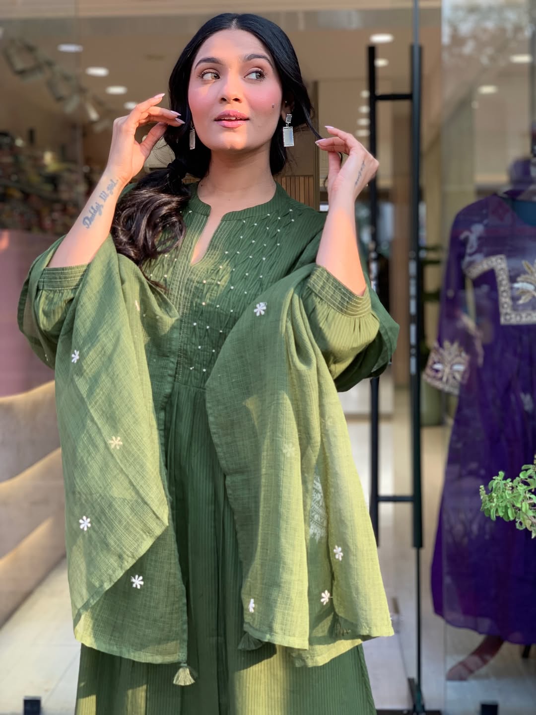 Olive Green Cotton Kurta Set with Embroidered Dupatta & Printed Pants for Women