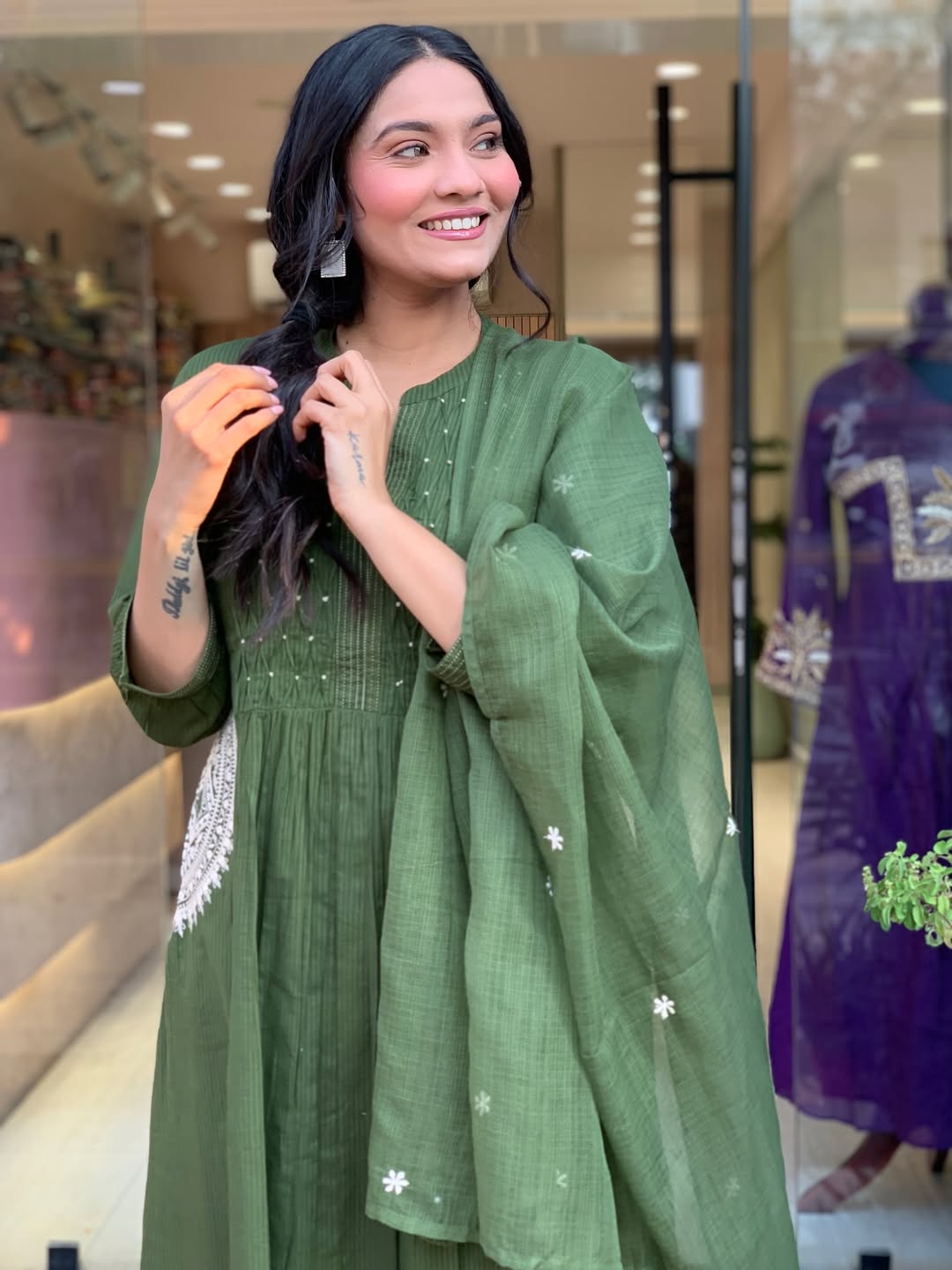 Olive Green Cotton Kurta Set with Embroidered Dupatta & Printed Pants for Women