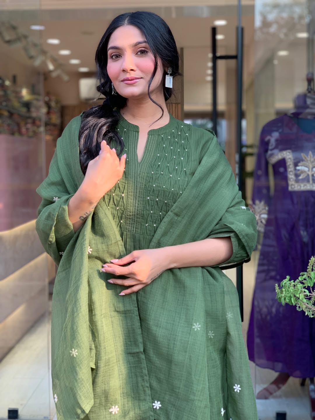 Olive Green Cotton Kurta Set with Embroidered Dupatta & Printed Pants for Women