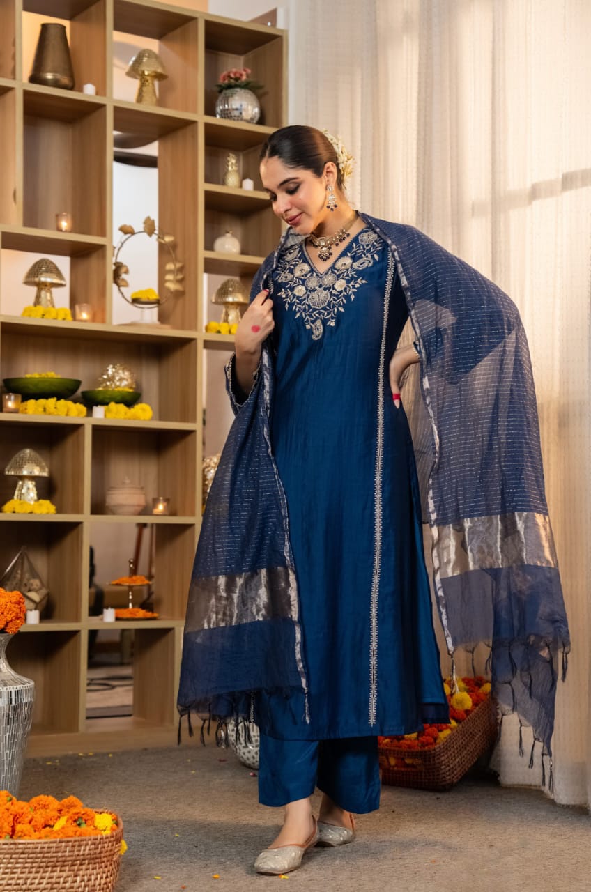 Blue Embroidered Kurta Pant Set with Dupatta