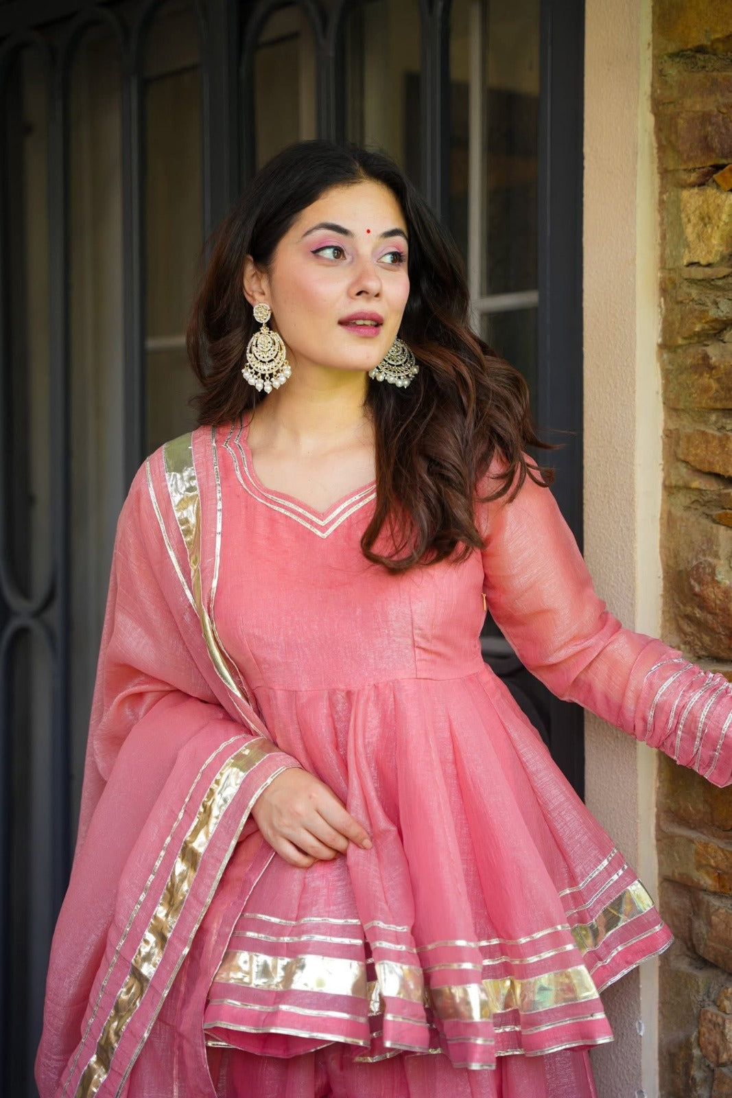 Blush Pink Peplum Kurta & Flared Sharara Set with Dupatta
