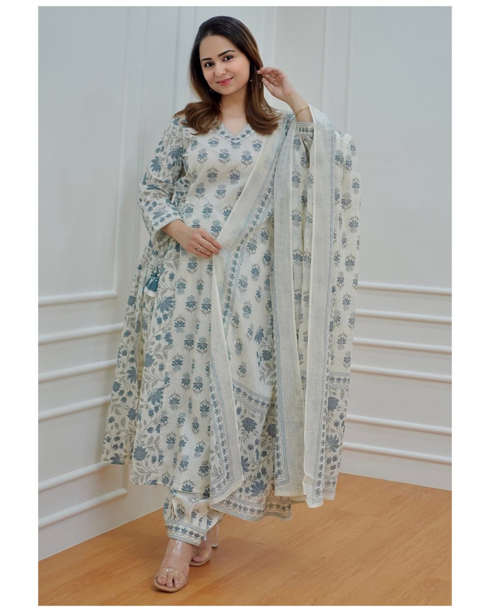 Ivory Blue Floral Printed Anarkali Suit Set with Dupatta