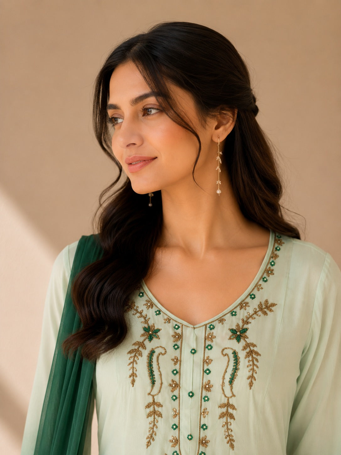 Mint Green Ombre Embroidered Anarkali Suit Set with Dupatta