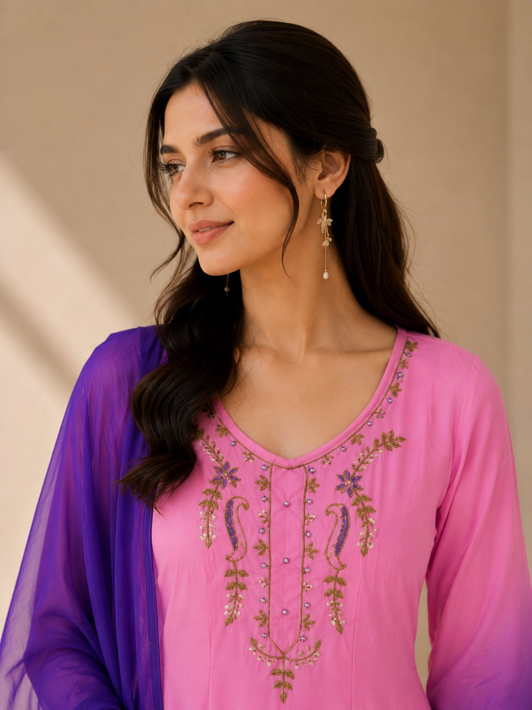Pink & Royal Purple Ombre Embroidered Anarkali Suit Set with Dupatta