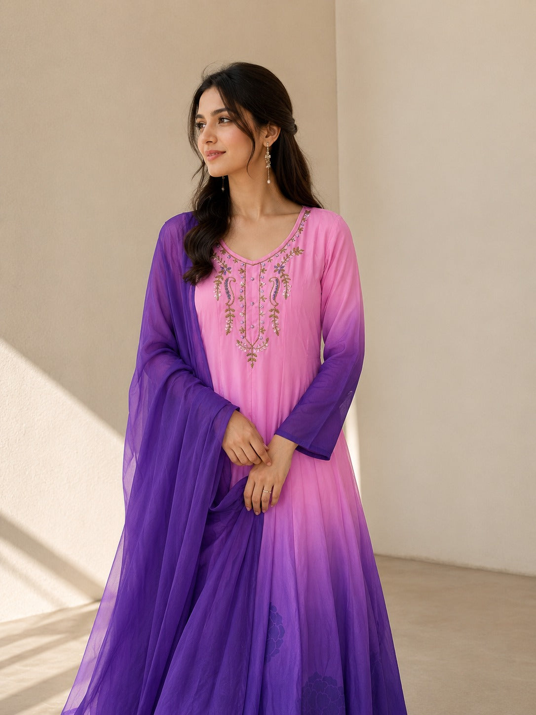 Pink & Royal Purple Ombre Embroidered Anarkali Suit Set with Dupatta