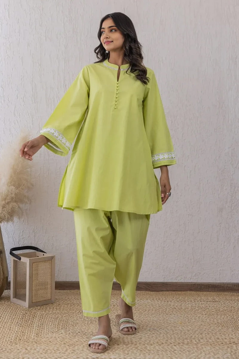 Lime Green Cotton Co-ord Set with Lace Detailing